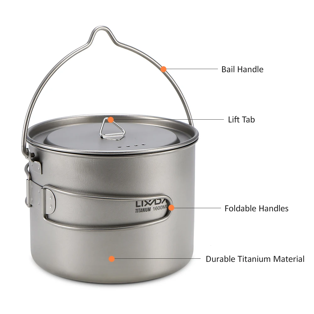 Lixada 900ml/1600ml Foldable Handle Outdoor Picnic Tableware Titanium Pot Cup Hanging Camping Pot Portable Water Cup with Lid