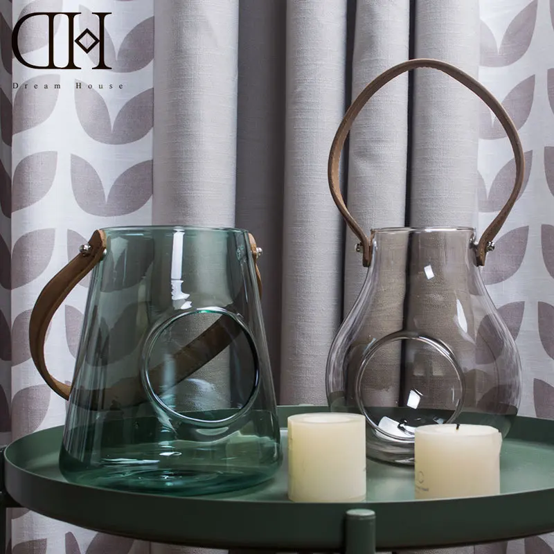 

Modern glass candle holder with leather belt candlestick home decoration candle lantern wedding decoration candle stand