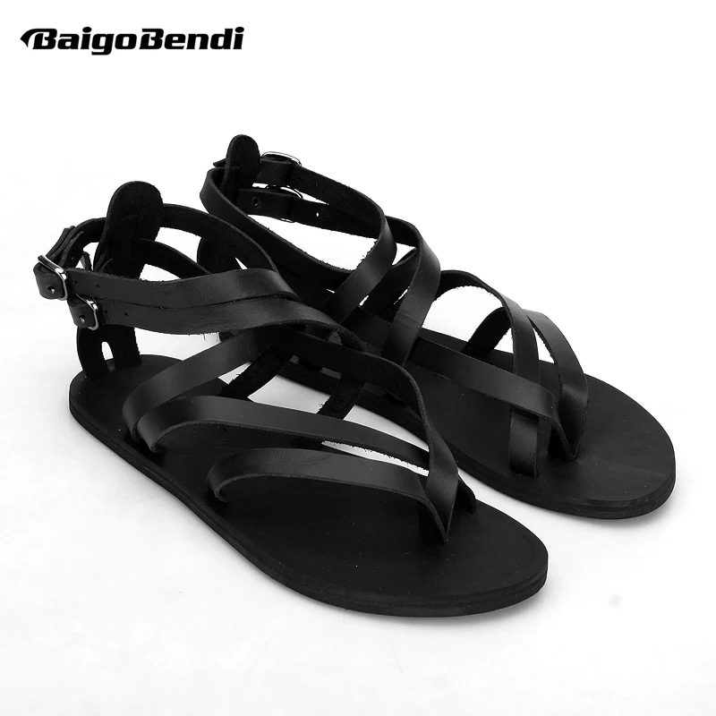 Large Size 45 Narrow Band Sandals Man Real Leather Cross-Tied Summer Shoes Men\'s T-strap Rome Gladiator Flats