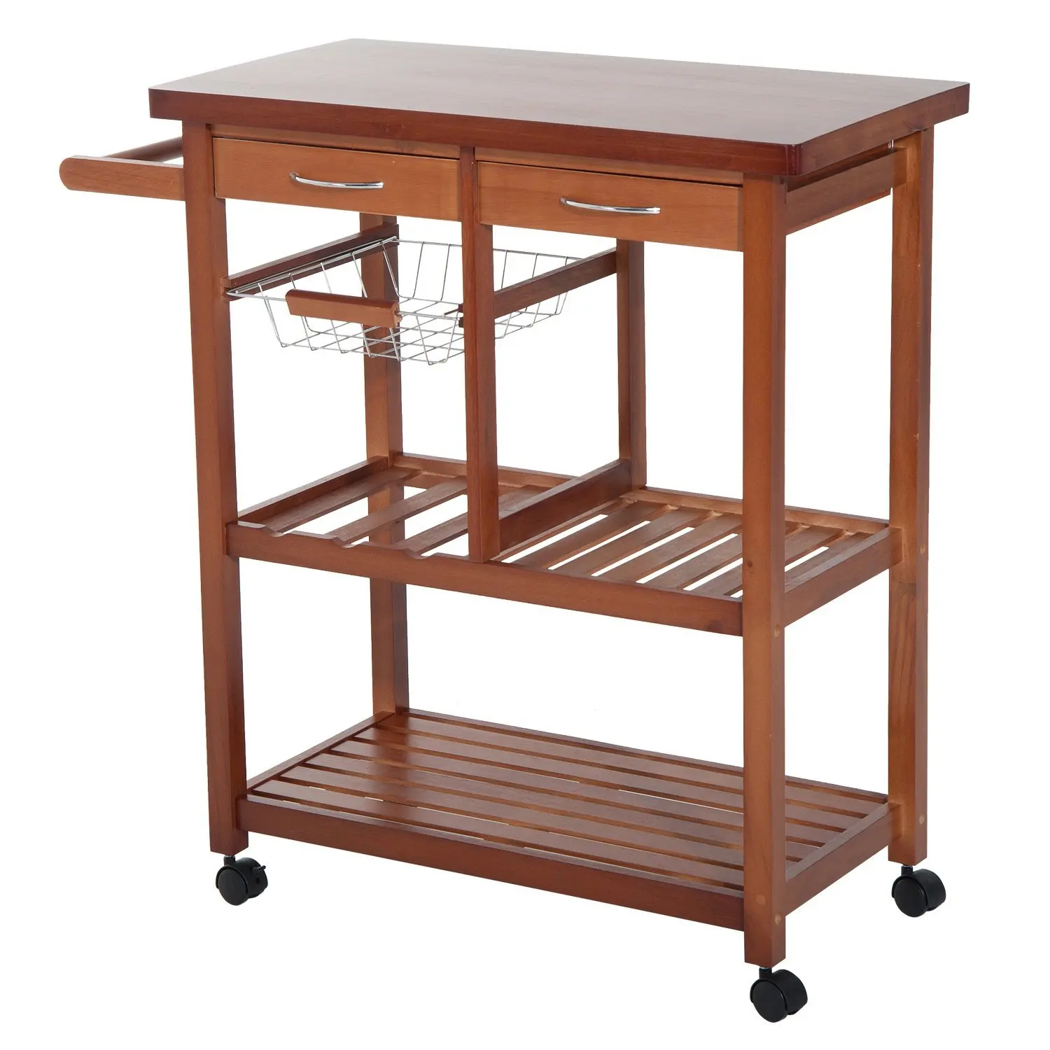 HOMCOM Carrito de Cocina Mesa Servicio Auxiliar Madera y Metal Cromado con 4 Ruedas 2 Cajones y Botellero