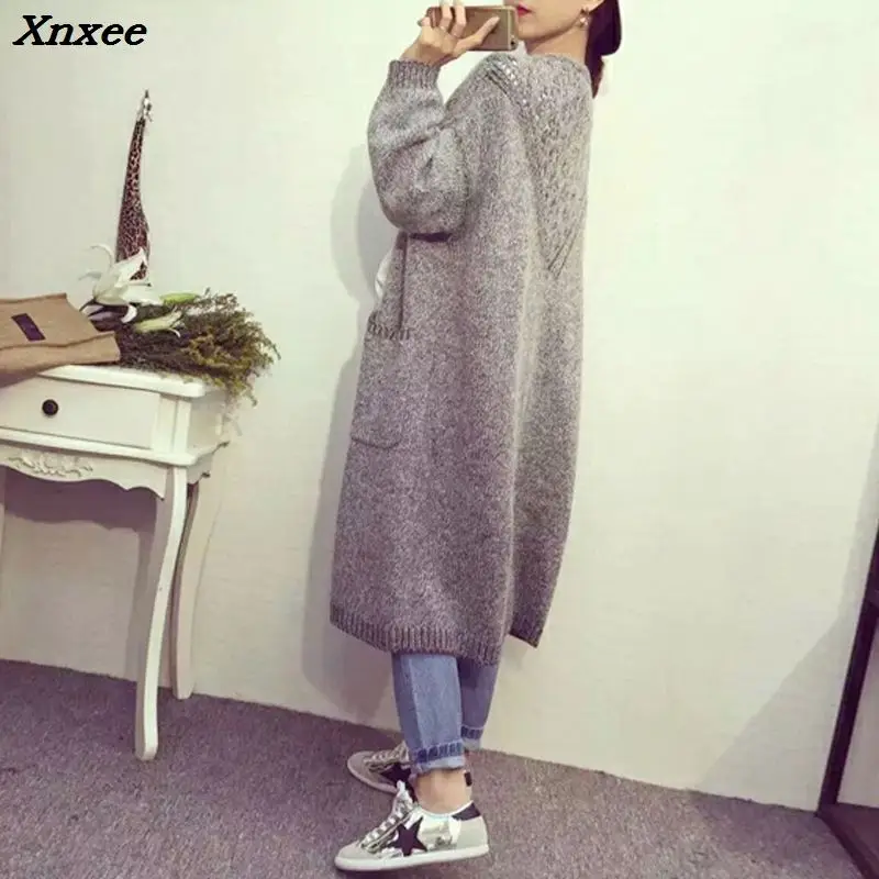 

2018 Autumn Ladies Loose Knitted Cardigans Coat Korean Wild Pocket Poncho Women Long Cardigan Sweater Gray Knitwear Xnxee