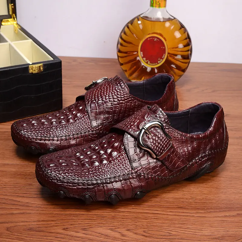 US Size Men's Octopus Leather Shoes High End Crocodile Grain Lazy Man Buckle Slip On OffIce Casual Moccasins