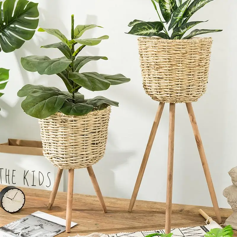 Handmade Bamboo Storage Baskets Laundry Straw Patchwork Wicker Rattan Seagrass Belly Garden Flower Pot Planter Basket Dropship