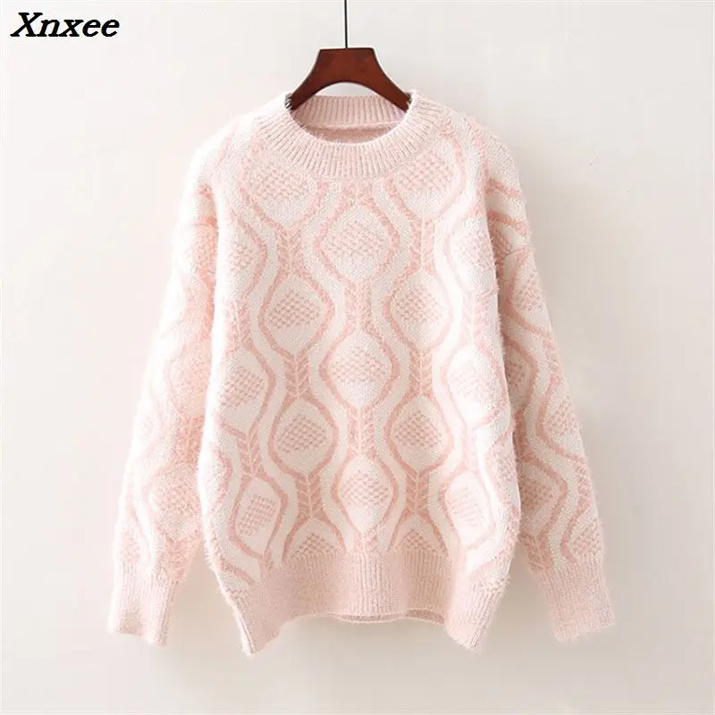 

Winter Fashion Warm Thick Sweater Pullovers o Neck Female Cashmere Sweater Long Sleeve Casual Print Lose Warm Pullover Jumpers