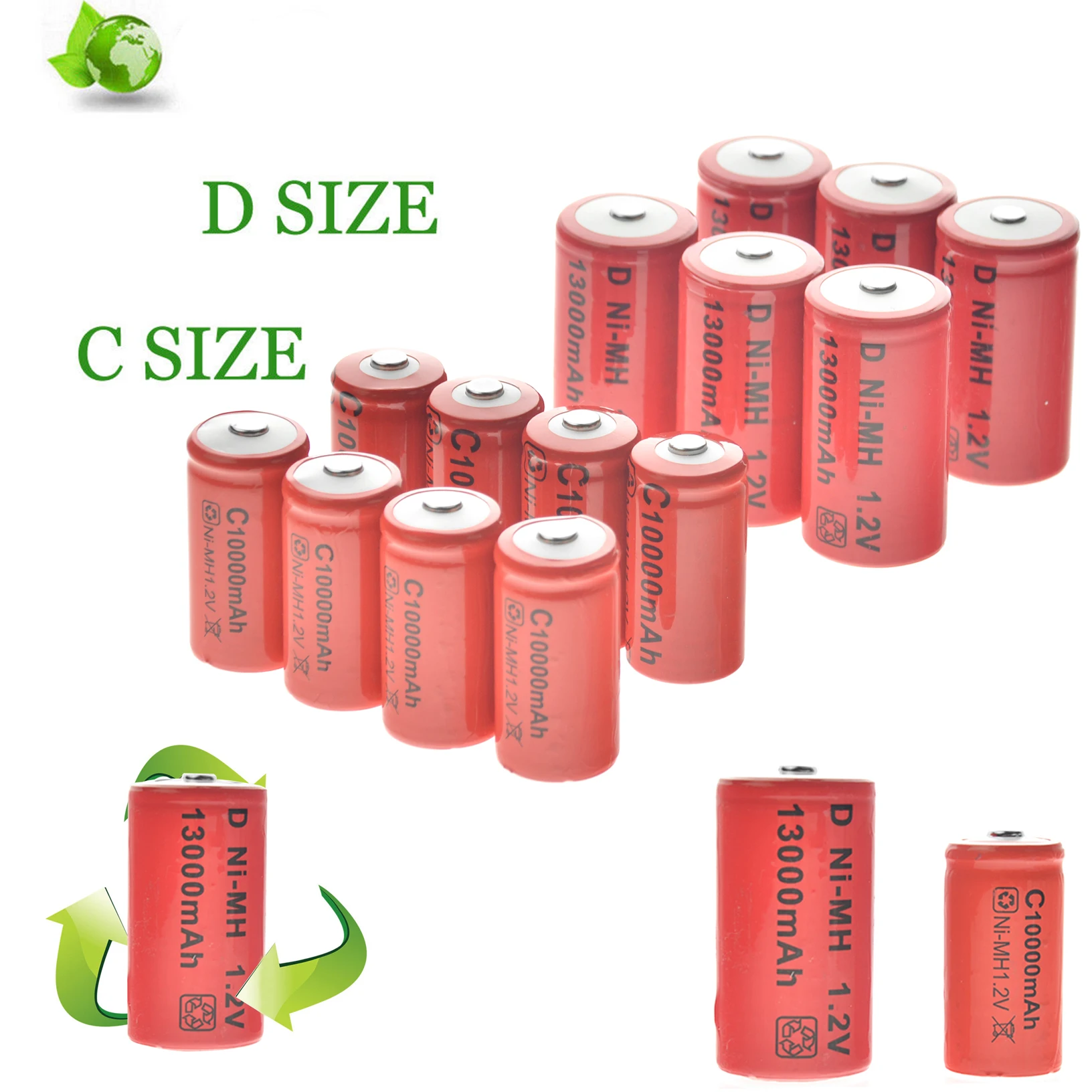 4/8/12pcs C size 10000 mAh + 4/8/12pcs Dsize 13000 mAh  Rechargeable Batteries 1.2v NI-MH Size NI-MH  C/D size rechargeable
