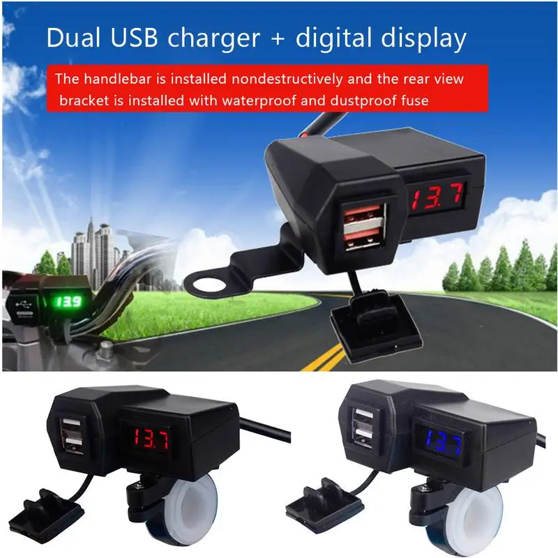 3.1A Motorcycle Accessories Car Charger Dual USB Cigarette Lighter Voltmeter Display Waterproof Wiring 60CM Double USB Adapter