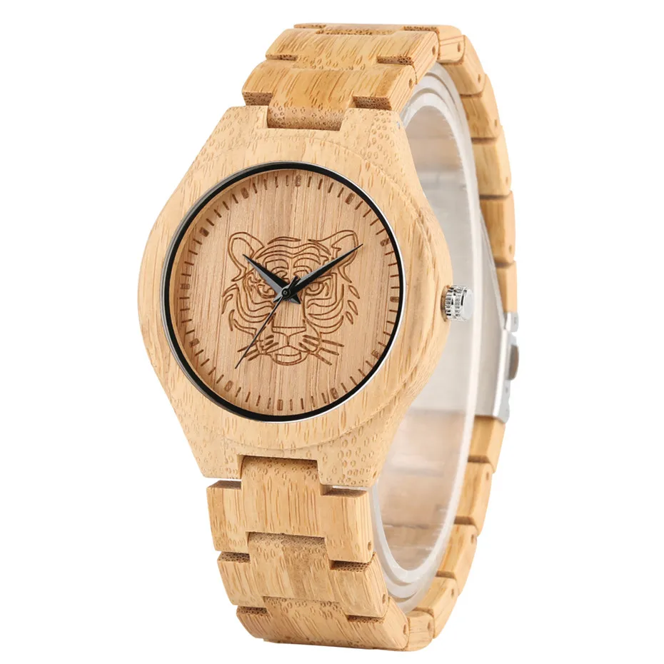 

Full Wooden Quartz Timepiece Engraved Tiger Head Wood Mens Watch Unique Natural Bamboo Bangle Wristwatch Top Gift for Male reloj