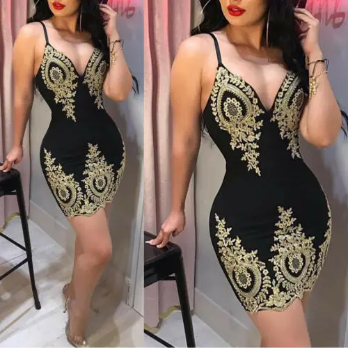 Women\'s Bandage Bodycon V-neck Sleeveless Embroidery Sexy arrival Dress Evening Party Club Short Mini Dress