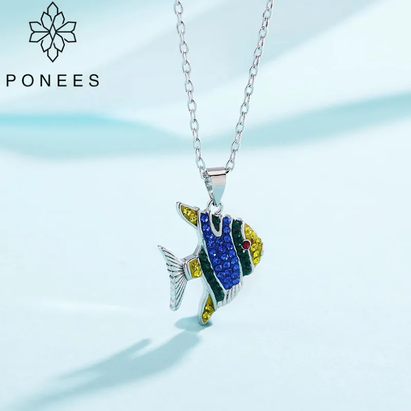 PONEES Drop Shipping Pave Crystal Rhinestone Sea Kiss Fish Pendant Necklace For Women Girls Love Gift Unique Animal Jewelry