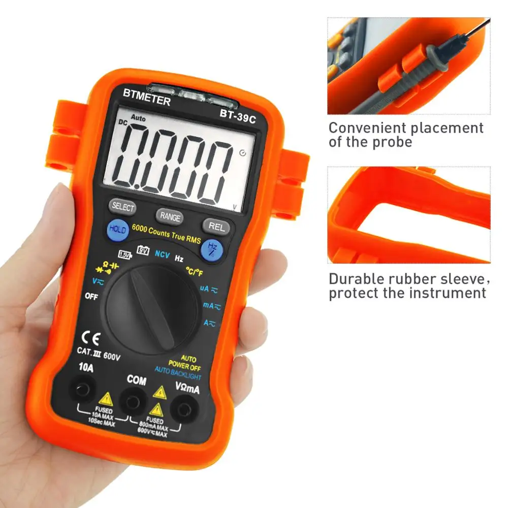 BTMETER True RMS Digital Multimeter Auto Ranging for AC DC Voltage,Current,Resistance,Capacitance with Temp Battery LED Test