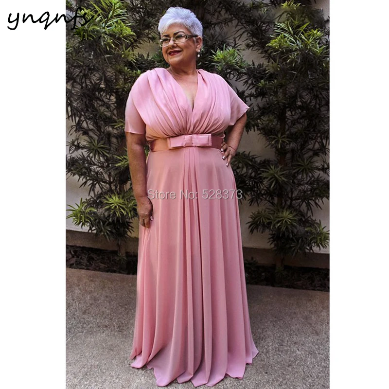 YNQNFS M150 Elegant V Neck Short Sleeve Pink Mother of the Bride Long Dresses Plus Size Party Gown Formal Vestidos 2019