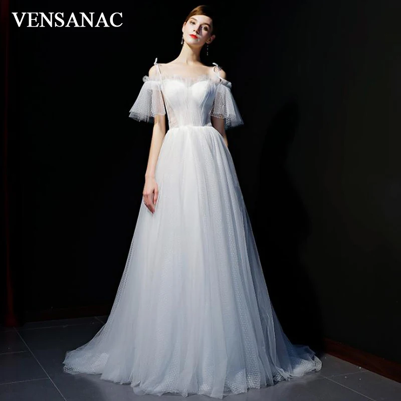 VENSANAC Boat Neck Tulle Sweep Train A Line Wedding Dresses Lace Short Sleeve Spaghetti Straps Backless Bridal Gowns