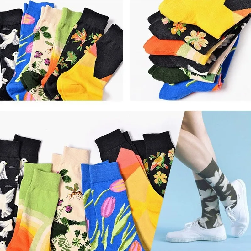 Men Socks Personality Fashion Cartoon Bee Dove Tulip Flower Happy Funny Stitching Harajuku Street Style Male Hip Hop Skate Sock