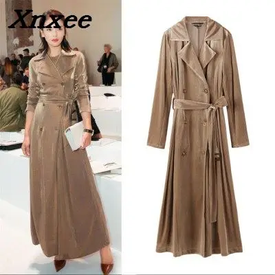 

Women's gold velvet coat autumn long slim coats double-breasted outerwear with belt trench coat casual tops Xnxee