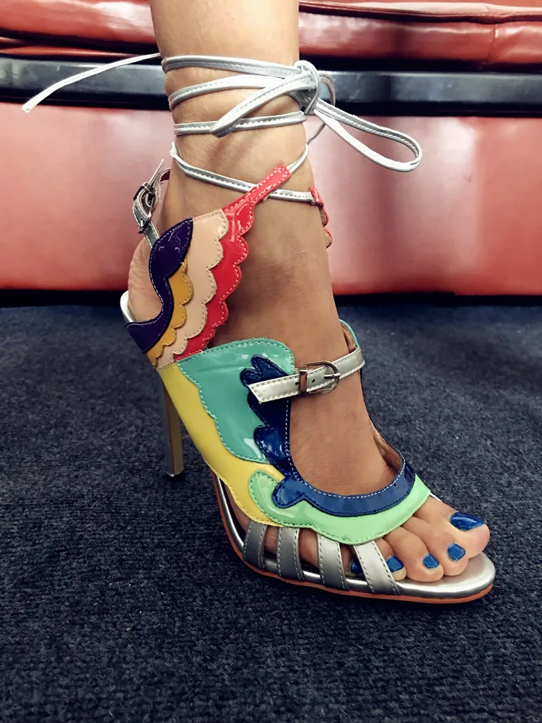 Luxury Shoes Femme Sexy Rainbow Color Ankle Strap Wings Sandals Gladiator Multicolor patchwork High Heels Women Party Shoes