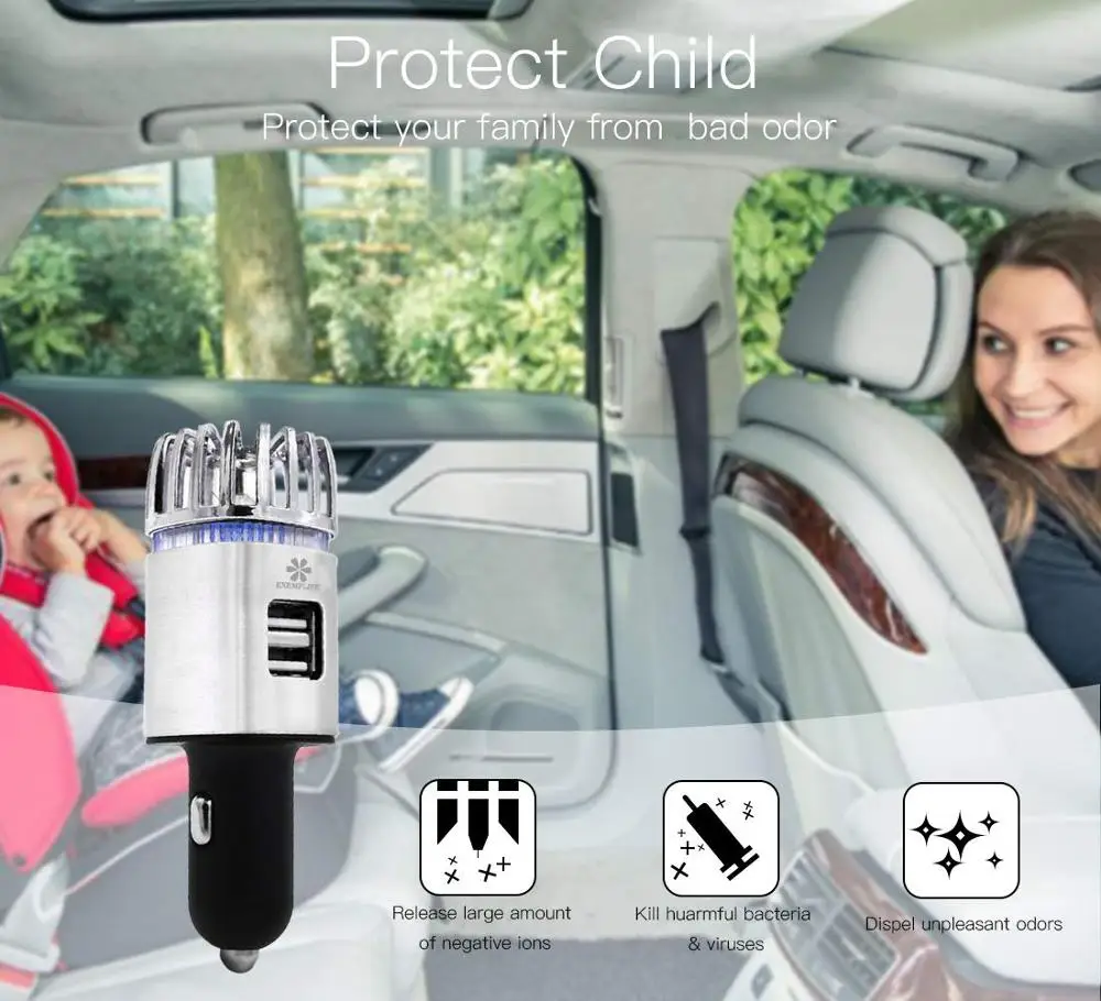 Adattatore per deodorante per purificatore d'aria per auto con 2 porte USB ionizzatore d'aria per auto rimuovi fumo cattivo odore e odori caricabatteria per auto