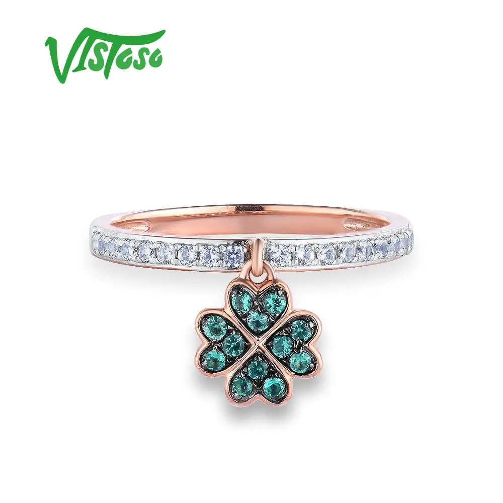 VISTOSO Pure 9K Rose Gold lab Created Emerald&WhiteSapphire Clover Ring For Lady Engagement Anniversary Lovely Chic Fine Jewelry