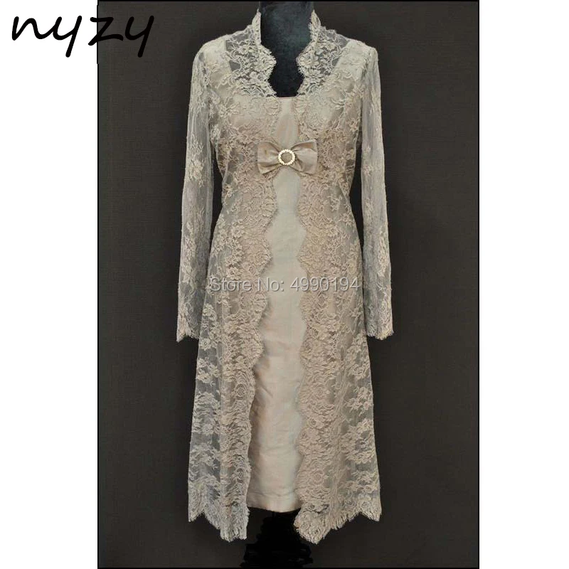 Champagne Mother of the Bride Dresses 2 Piece with Lace Bolero Elegant Formal Dress for Wedding Party Guest 2019 NYZY M108