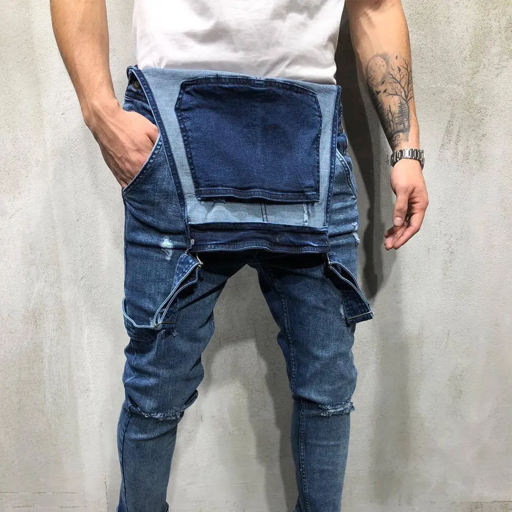 

Mens Denim Overalls Male Ripped Skinny Jeans Destroyed Frayed Slim Fit Denim Overalls Hip Hop Hole Pant For Men 2019 New Fashion