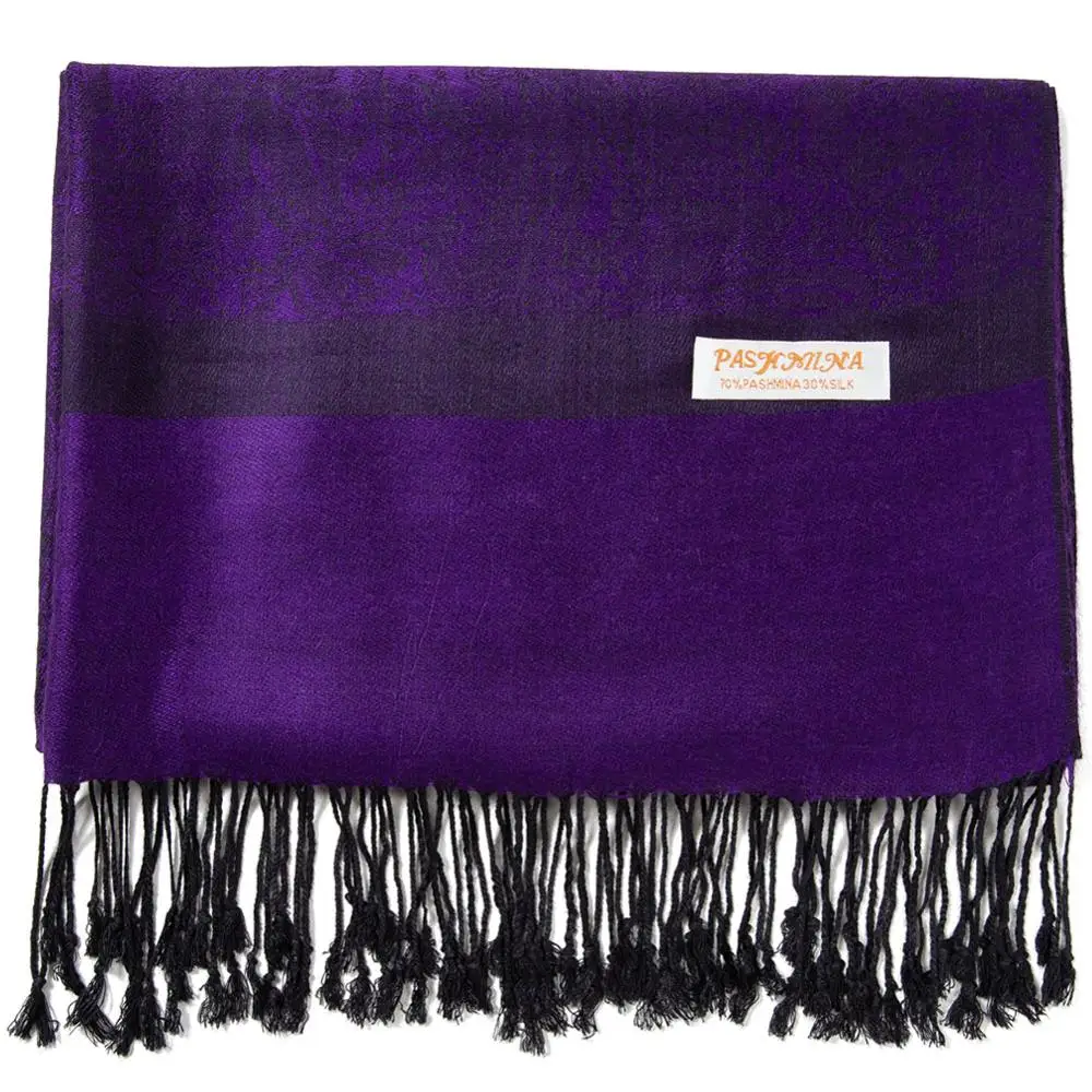 Pashimina Silk Paisley Scarf Jacquard Autumn Warp Winter Shawl Cashmere Hijab Long 2 Tones Soft High Quality Gift Purple Black