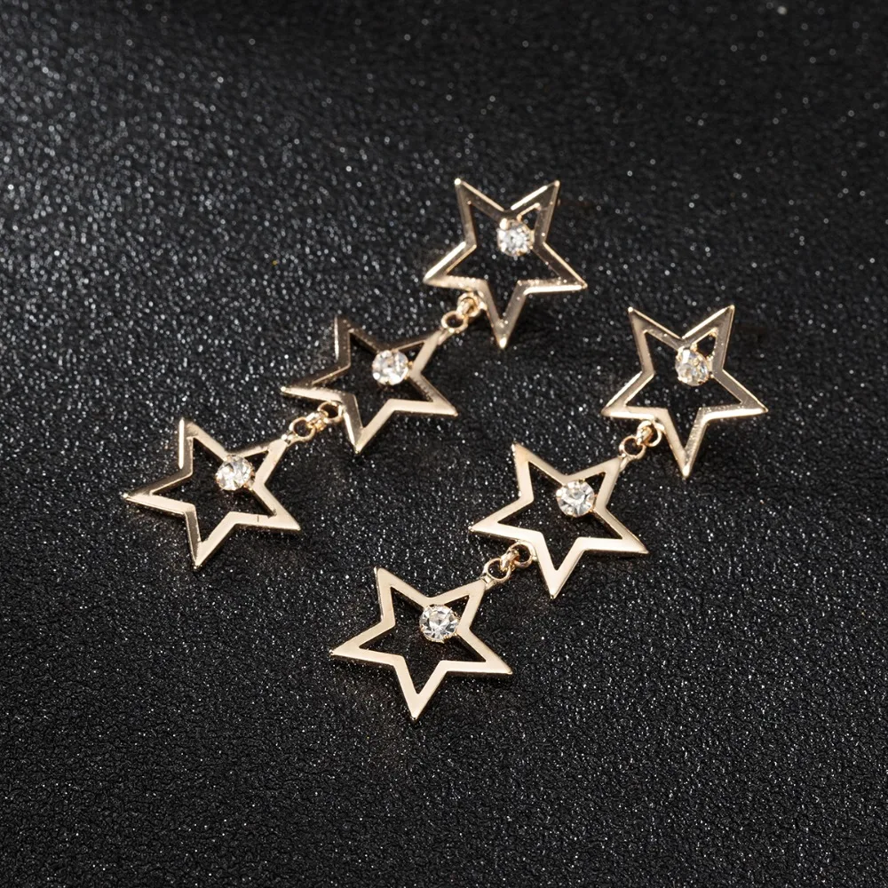 2019 New Fashion Brincos Oorbellen Bijoux Crystal Rhinestone Hollow Five-pointed Star Hanging Earrings Fashion Jewelry E591