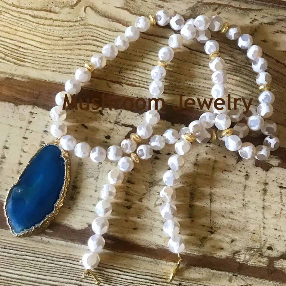 Gold Ball Boho Blue Agate Slice Charm Pendant Long Necklace DZI Agates Necklace