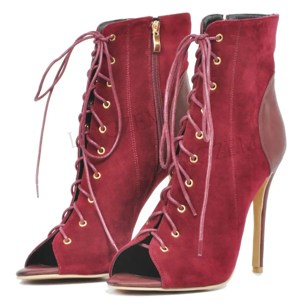 

LAIGZEM Women Ankle Boots Spring Summer Faux Suede High Heel Zipper Short Boots Black Burgundy Botines Mujer Big Size 41 42 52