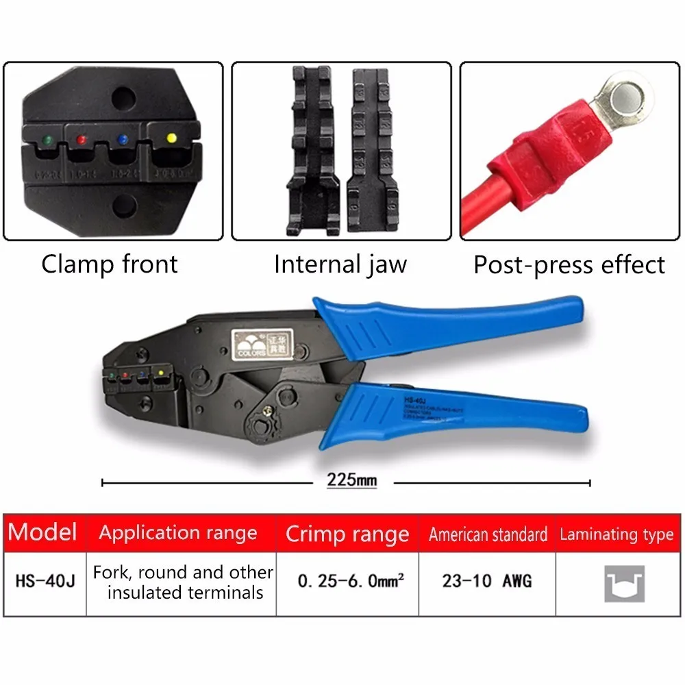 Sıkma pense Hs-40j 0.25-0.5 0.5-1.5 1.5-2.5 4.0-6.0mm 23-10awg çok el aletleri yalıtım halkası ve maça terminalleri sıkma 9 inç