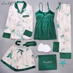 Summer Women's Pajamas Embroidery 7 Pieces Pajamas Sets Stain Faux Silk Pajamas Autumn Women Sleepwear Sets With Bra Pad