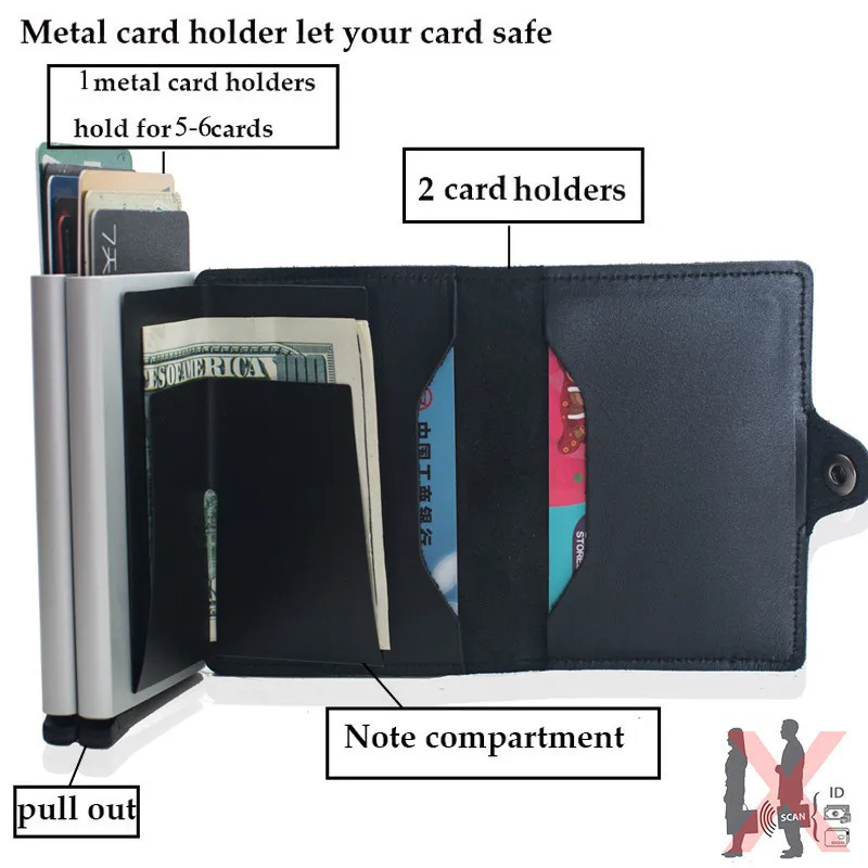 VM FASHION KISS Genuine Leather RFID Blocking Men Wallet Credit Card Holder Card Double Metal Box ID Card Holder Money Clip Purs