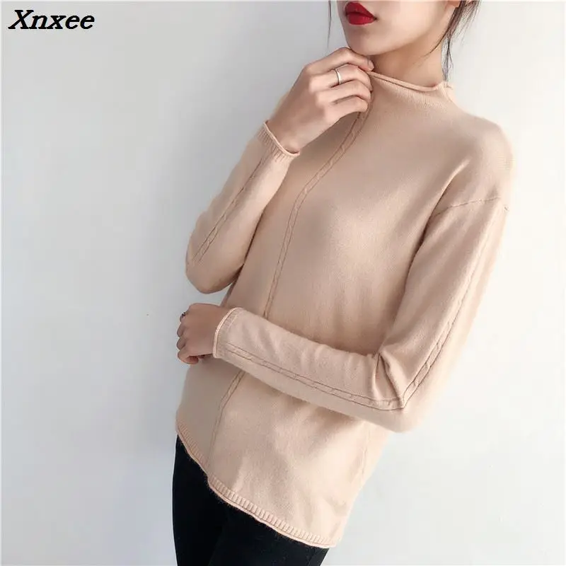 

2018 New winter half downneck female take the loose lipped twist shirt long sleeved sweater retro fitting Xnxee