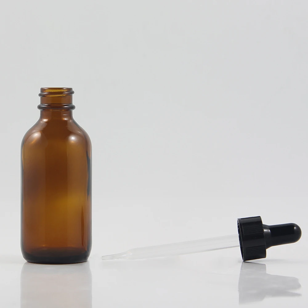 

2oz essential oil amber glass 60ML boston round glass bottles uk with black dropper in stock