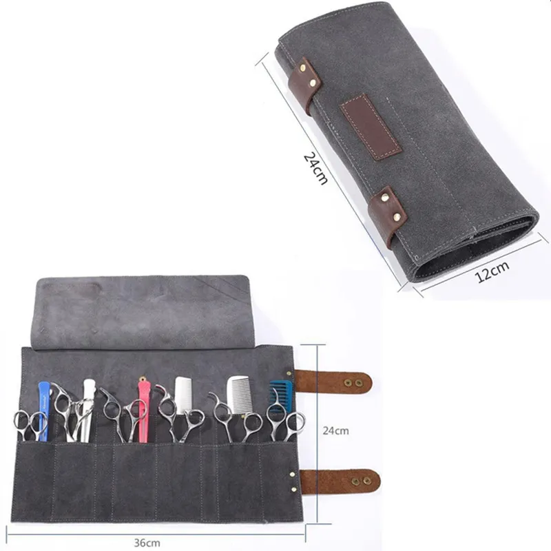 Black Gray Hairdresser Cowhide Leather Tool Roll Barber Scissor Shear Organizer Salon Stylist Tool Pouch Beautician Case H17