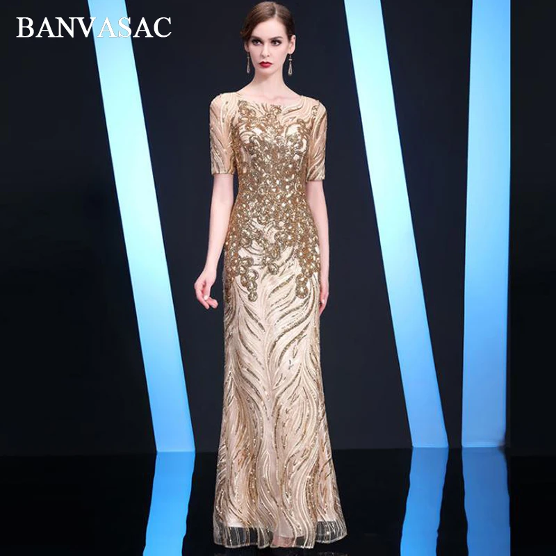 

BANVASAC Elegant O Neck Lace Illusion Short Sleeve Long Evening Dresses Luxury Sequined Mermaid Party Prom Gowns