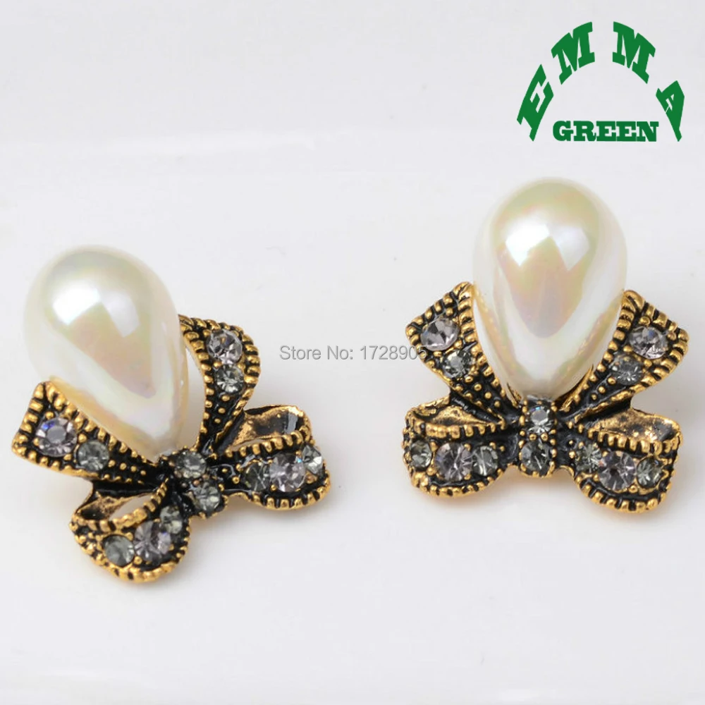 Vintage Gold Embellishments for Scrapbooking Accessories 10pcs 23mm Retro 3D Drop Pearl Bow with rhinestone Decoration Crafts