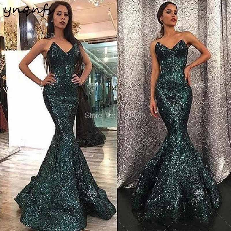 

YNQNFS P22 острый лиф сердечком с блестками платье Vestido Longo Festa темно-зеленое сексуальное платье русалки для выпускного вечера 2019