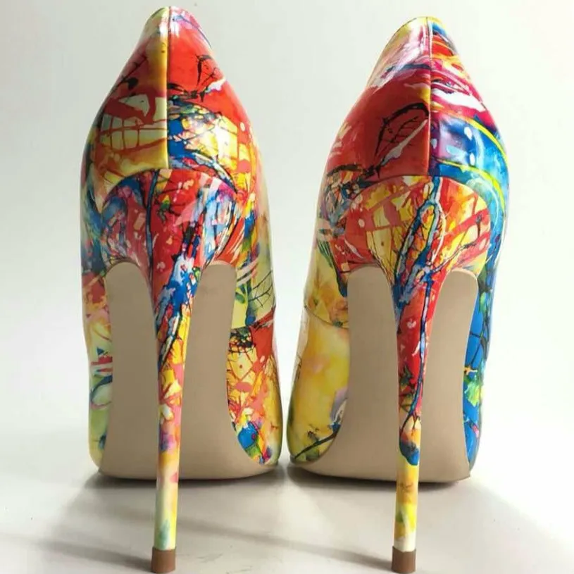 New Sexy Women Pumps Yellow Printed Pointed Toe Thin Heels Pumps Party Shoes Woman Plus Size 34-45