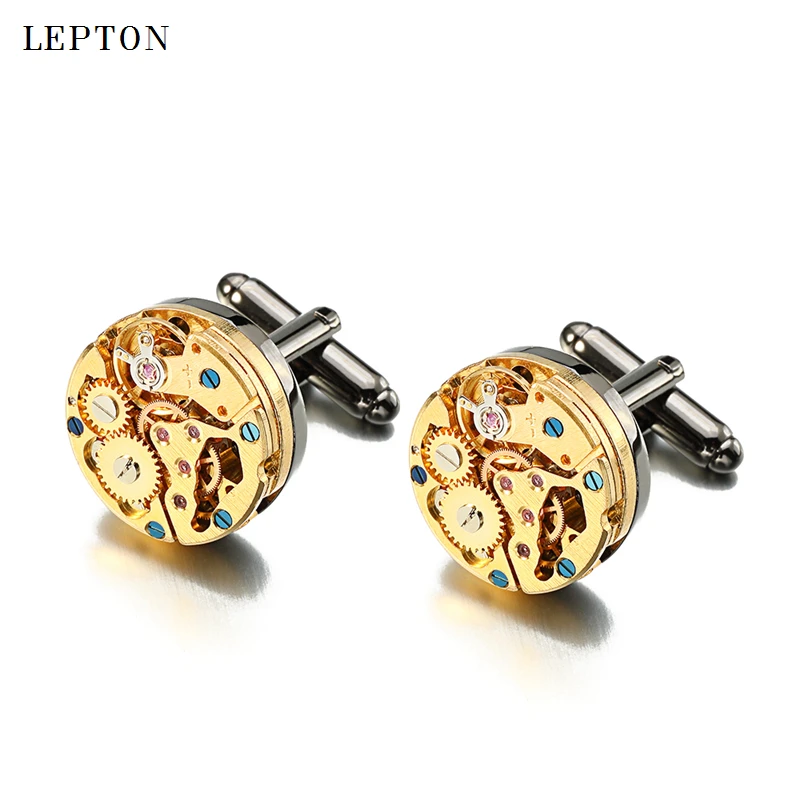 Lepton Watch Movement Cufflinks for immovable Gold Color Steampunk Gear Watch Mechanism Cuff links for Mens Relojes gemelos