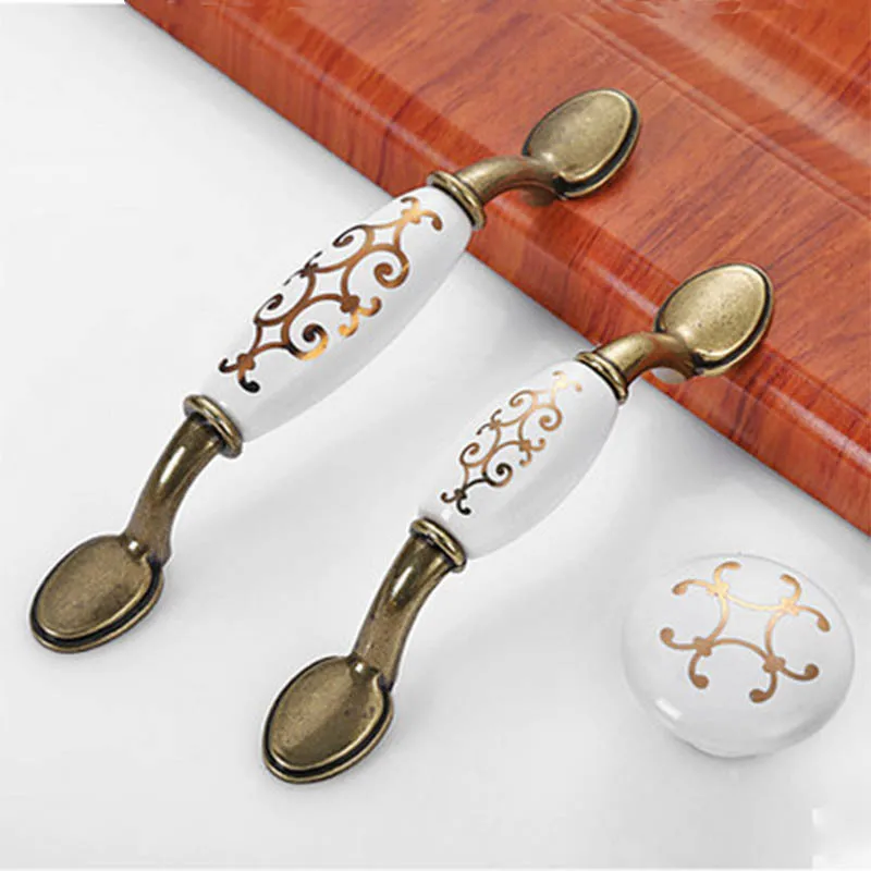 1 pc Antique Golden hook flower Ceramic Door Handles Kitchen Cabinet Handles Metal Furniture Drawer Pulls   CZ-0075