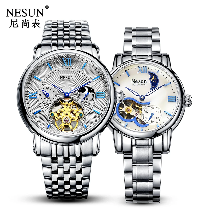 New Switzerland NESUN Luxury Brand Automatic Mechanical Men & Women Watches Sapphire Skeleton Moon Phase Couple\'s Clock N9091-L