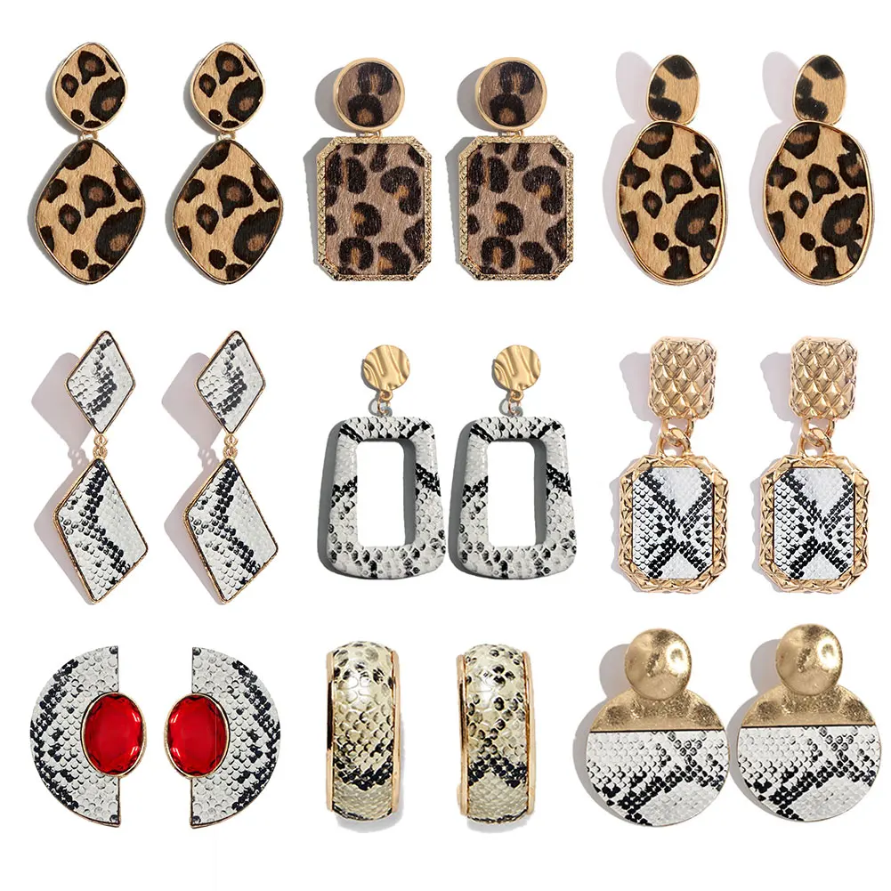 

Flatfoosie ZA Leopard Print Long Dangle Earrings For Women Vintage Leather Round Square Gold Color Punk Big Drop Earring Jewelry