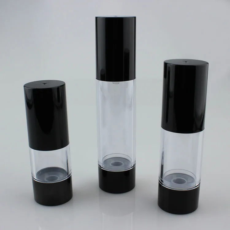 

15ml Transparent body black pump & lid Cosmetic Refillable Bottles, 0.5 ounce black airless pump bottle for lotion