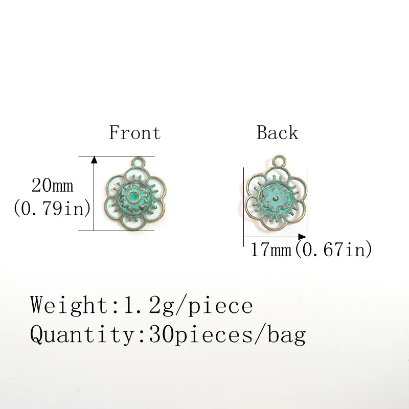 30pcs/bag 17MM Round Retro Patina Plated Zinc Alloy Green Flowers Charms Pendants For DIY Jewelry Accessories