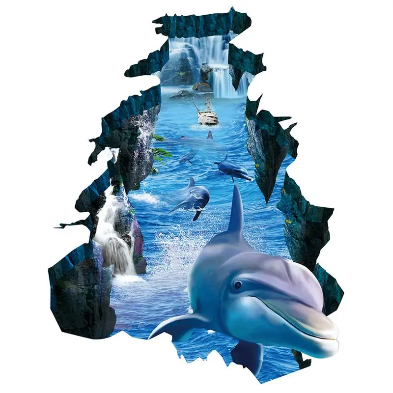 New 3D wall stickers dolphin broken wall Aquarium Ocean Wall Stickers For Kids Rooms Bathroom Kitchen Home Decor Cartoon