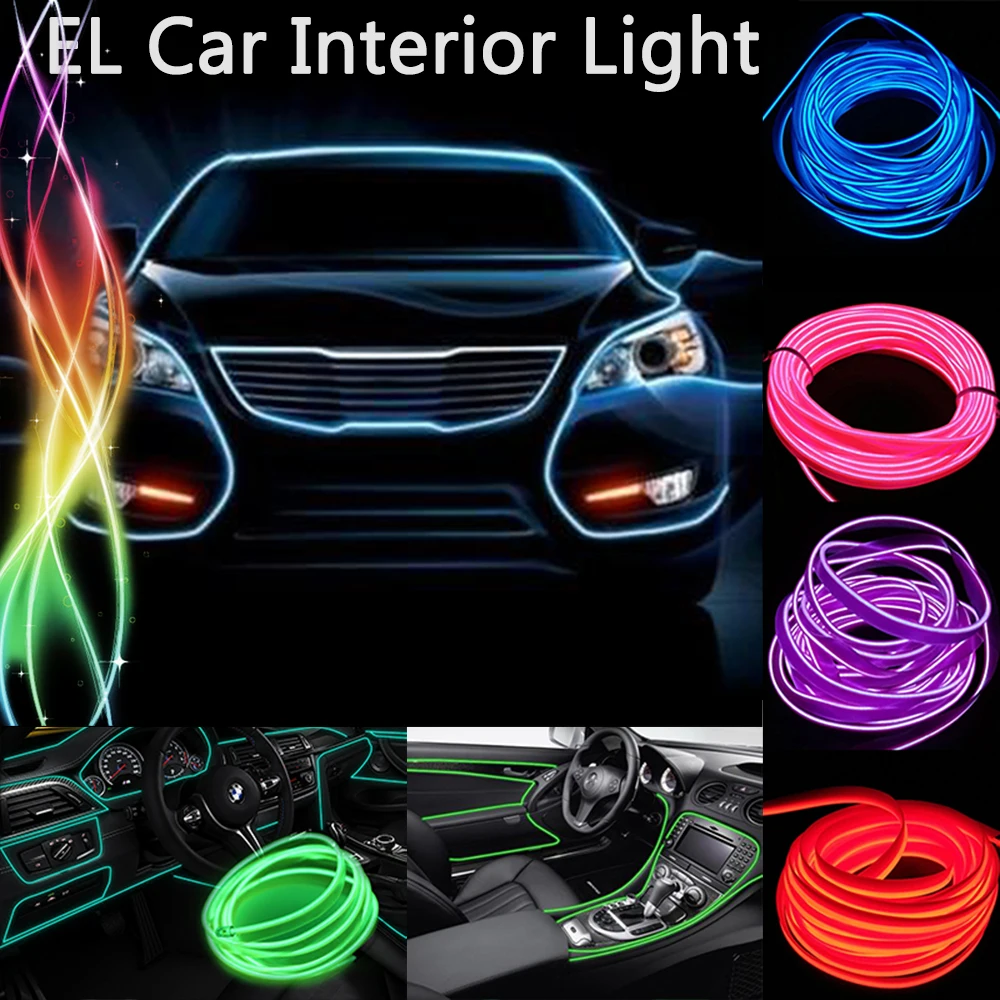 DIY 2M3M5M Car Interior Lighting Auto  Strip Garland EL Wire Rope Tube Line flexible Neon Light With 12V USB Cigarette Drive D35