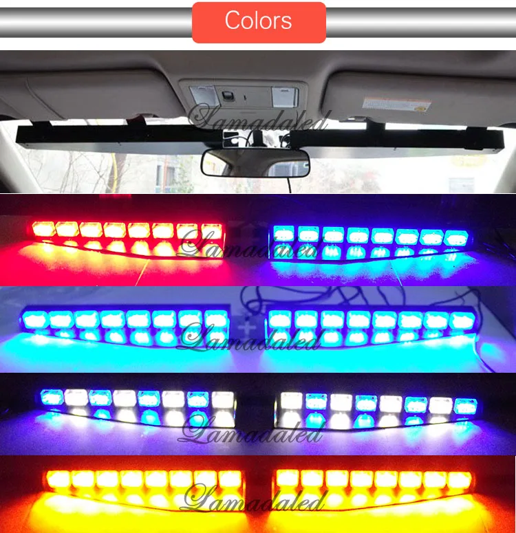 2pcs 48w 45cm automobiles led strobe light car windshield visor police lights red blue split mount stroboscopes auto flash light