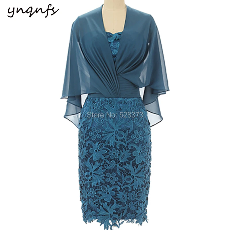 YNQNFS M42 Elegant Lace Outfits Cape Half Sleeve Party Gown Cocktail Vestido Formal Teal Short Mother of the Bride Dresses 2019