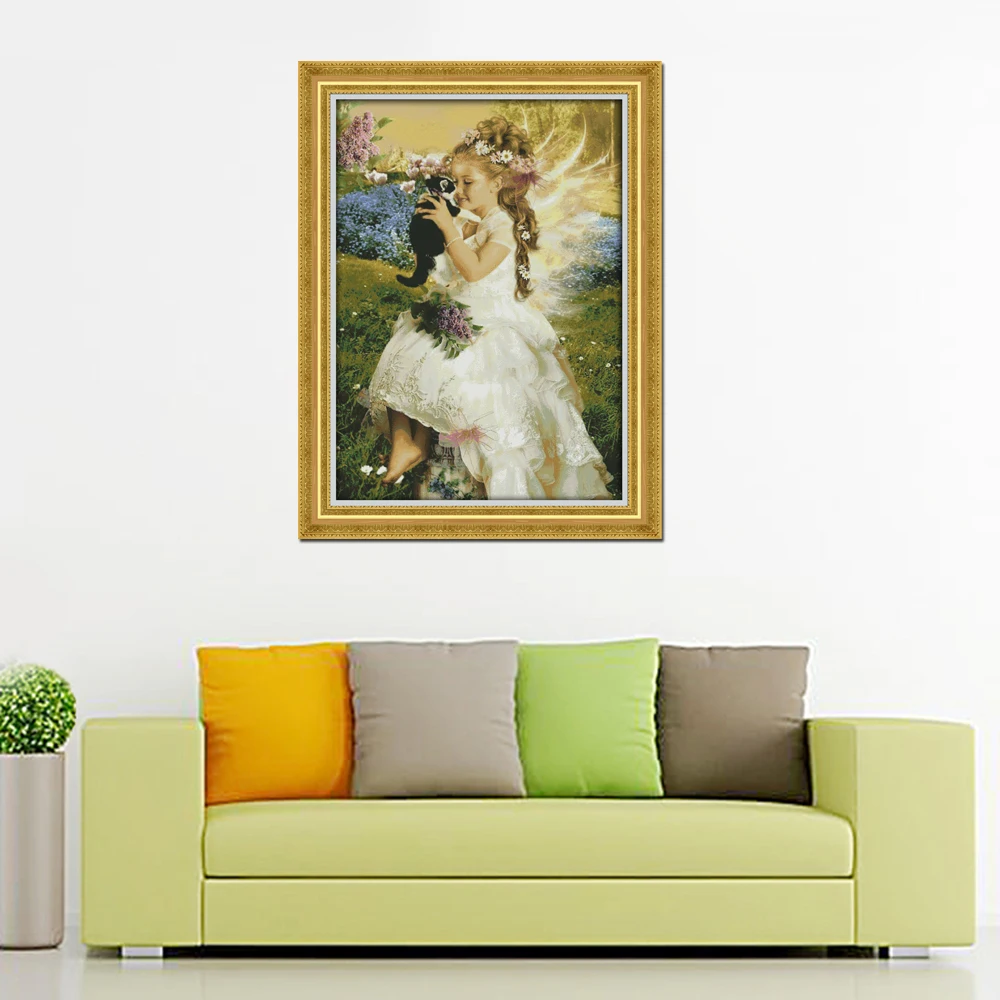 Joy Sunday The Girl Holding The Cat Cross Stitch 11CT 14CT Cross Stitch Sets Wholesale Cross-stitch Kits Embroidery Needlework