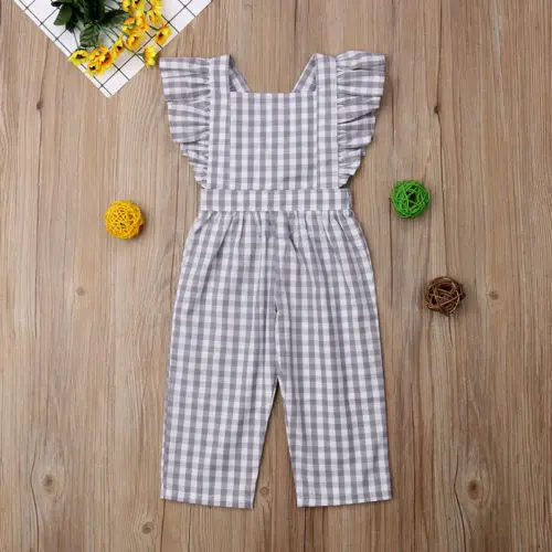 Toddler Kids Baby Girl Summer Plaid Stripe Ruffles Backless Romper Jumpsuit Playsuit Sunsuit Clothes Girls Overalls