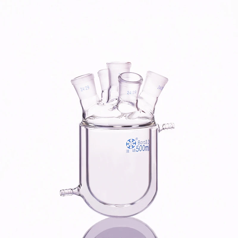 Double-deck cylindrical Five-necked round bottom flask,Capacity 500ml,Joint 24/29,Mezzanine jacketed reactor bottle